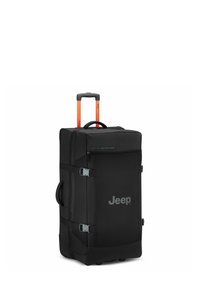 Borsa da viaggio nera con manico retractable arancione, hardware grigio e un ampio scomparto principale. Presenta il logo "Jeep" e spallacci regolabili.