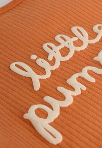 Un tissu orange à côtes avec un texte moelleux de couleur crème indiquant "petit potiron" centré sur le matériau, mettant en valeur une surface texturée.