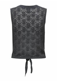 Haut sans manches en tricot gris avec un motif en dentelle, présentant un ourlet noué à l'arrière et un col rond. Tissu texturé avec une trame ouverte.