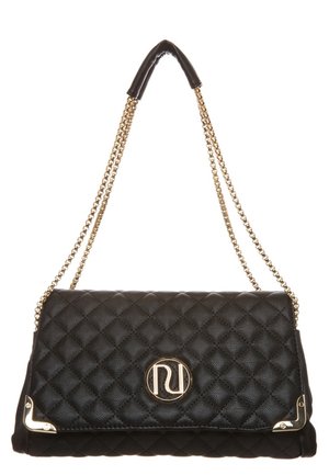 Black quilted leather handbag with gold chain strap, gold corner accents, and circular gold logo on front flap.