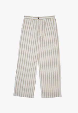 Weite Hosen in weißen und beige vertikalen Streifen, gefertigt aus leichtem Stoff, mit einem Frontknopfverschluss und Taschen.