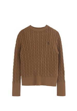 Maglione a maniche lunghe color marrone a trecce con polsini e orlo a coste, colletto a girocollo e piccolo logo ricamato sul lato sinistro del petto.
