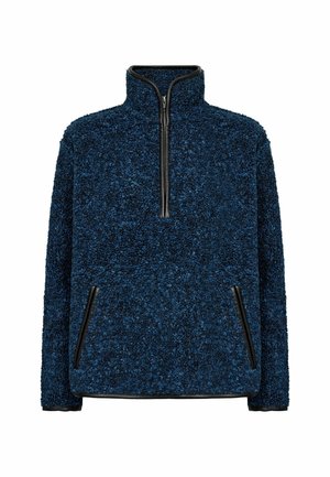 Tumman sininen teksturoitu fleece-pullover, jossa on neljänneksen vetoketju edessä, pystykaulus ja kaksi vetoketjullista sivutaskua mustalla reunuksella.