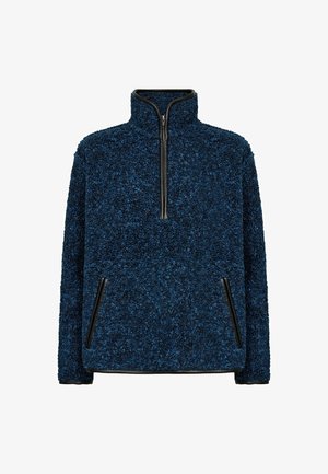 Tengerészkék, texturált fleece pulóver negyed cipzárral, álló gallérral és két cipzáras oldalzsebbel, fekete díszítéssel.
