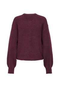 Bordeauxroter Strickpullover mit lockerem Schnitt, geripptem Ausschnitt und Ballonärmeln. Weiche Textur und kurz geschnittenes Design erhöhen Komfort und Stil.