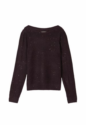Dunkelvioleter langärmeliger Strickpullover mit einem Boot-Ausschnitt und kleinen, mehrfarbigen Sprenklern im gesamten Stoff.