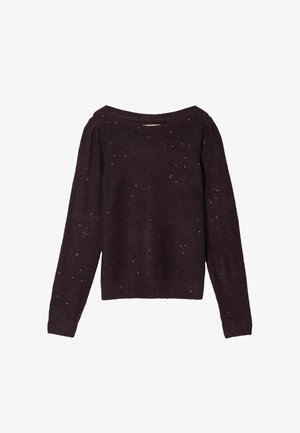 Dunkelvioleter langärmeliger Strickpullover mit einem Boot-Ausschnitt und kleinen, mehrfarbigen Sprenklern im gesamten Stoff.