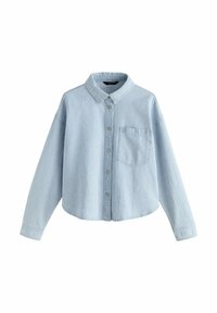 Light blue button-up shirt made from textured fabric. Features a collar, long sleeves, and a chest pocket. Cropped hem design.