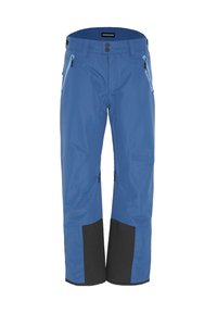 Blue ski pants with a smooth, waterproof finish, zippered pockets, black accents at the hems, and a buttoned waistband.