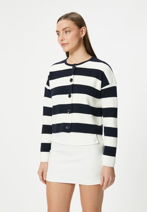 Maritiem en wit gestreepte cardigan van gebreide stof, met een ronde halslijn en een sluiting met vijf knopen, in een cropped ontwerp.