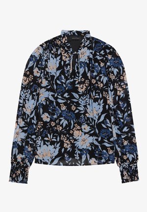 Juoda ilgio rankovėmis bluzonė, pasižyminti mėlynais ir persikų atspalviais gėlių raštu, su rakto skylutės iškirpte ir surinktomis rankovėmis.