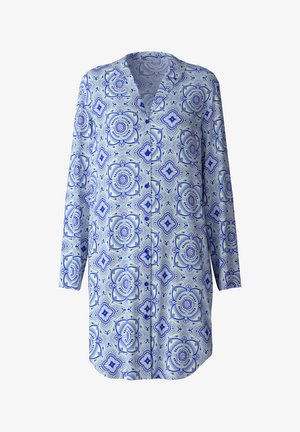 Long-sleeve shirt featuring a blue and green floral pattern on a light background, with a button-down front and a relaxed fit.