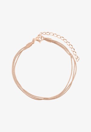 Armband aus Roségoldmetall mit drei ineinander verschlungenen Ketten, einem Karabinerhaken und einer verstellbaren Kettenverlängerung für eine individuelle Passform.