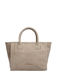 Sac fourre-tout en cuir beige avec deux poignées, forme carrée, couture discrète et logo embossé à l'avant. Texture lisse sans motifs visibles.