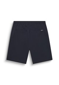 Shorts atletici di un blu navy scuro, realizzati in tessuto morbido. Caratteristiche includono una vita elasticizzata e due tasche posteriori per la conservazione.