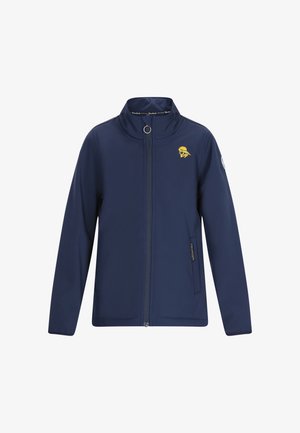 Tumed sinine jakk pehmest kangast, millel on täispikk eesmine tõmblukk, kõrge krae ja kollane logo rinnal. Omab küljetaskuid.