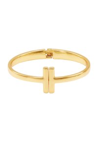 Gullmetall bangle-armbånd med et minimalistisk design, som har en flat dobbelbarknapp og en jevn, polert overflate.