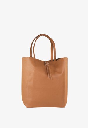 Bruine lederen shopper met een gestructureerde afwerking, twee handvaten en een trekkoordsluiting. Rechthoekige vorm met een open bovenkant.