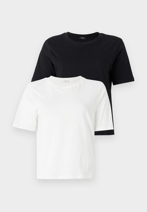 Black and white cotton T-shirts. Round neck, short sleeves, relaxed fit. The black shirt is displayed above the white shirt.