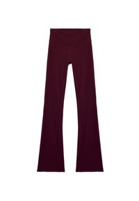 Burgunderfarbene, ausgestellte Leggings mit einem breiten Bund, aus einem weichen, dehnbaren Material. Glatte Struktur und tonale Nähdetails.