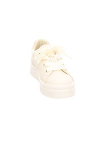 White synthetic sneaker with a rounded toe, thick sole, and wide satin laces. Smooth texture with minimal detailing and a subtle sheen.