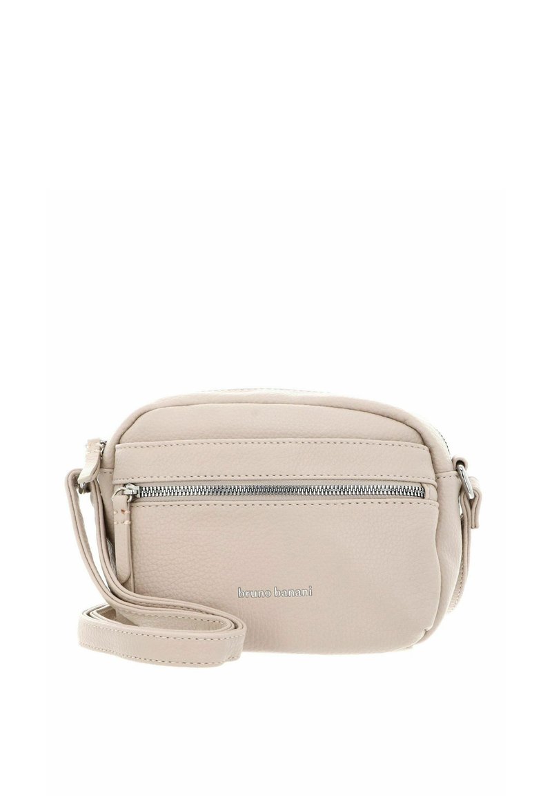 Sac bandoulière en cuir beige de forme arrondie, doté d'une poche zippée à l'avant, d'une sangle ajustable et d'un branding subtil.