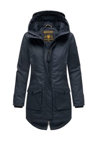 Navy blue hooded parka jacket with front zipper, two flap pockets, and elastic cuffs. Features soft lining and a longer back design.