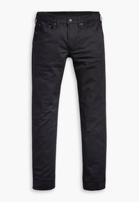 Jean slim noir avec fermeture devant par bouton et fermeture éclair, passants de ceinture et design à cinq poches sur fond blanc.