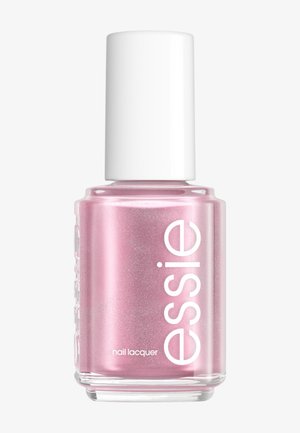 Clear glass bottle of shimmery pink Essie nail polish with white cap and white vertical logo text on front.