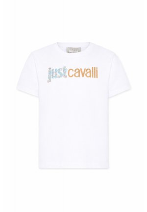 Maglietta bianca a maniche corte con la scritta "just cavalli" in strass azzurri chiaro e arancioni sulla parte anteriore.