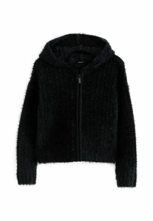 Sort hættejakke med lynlås lavet af fuzzy stof. Har en struktureret overflade og elastiske manchetter. Enkel design uden yderligere detaljer.