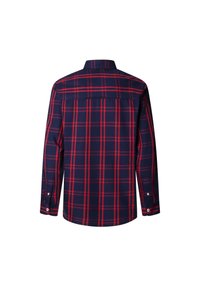 Camisa de flanela de mangas compridas em azul-marinho com um padrão xadrez em vermelho e branco. Possui punhos com botão e um colarinho clássico. Textura suave.