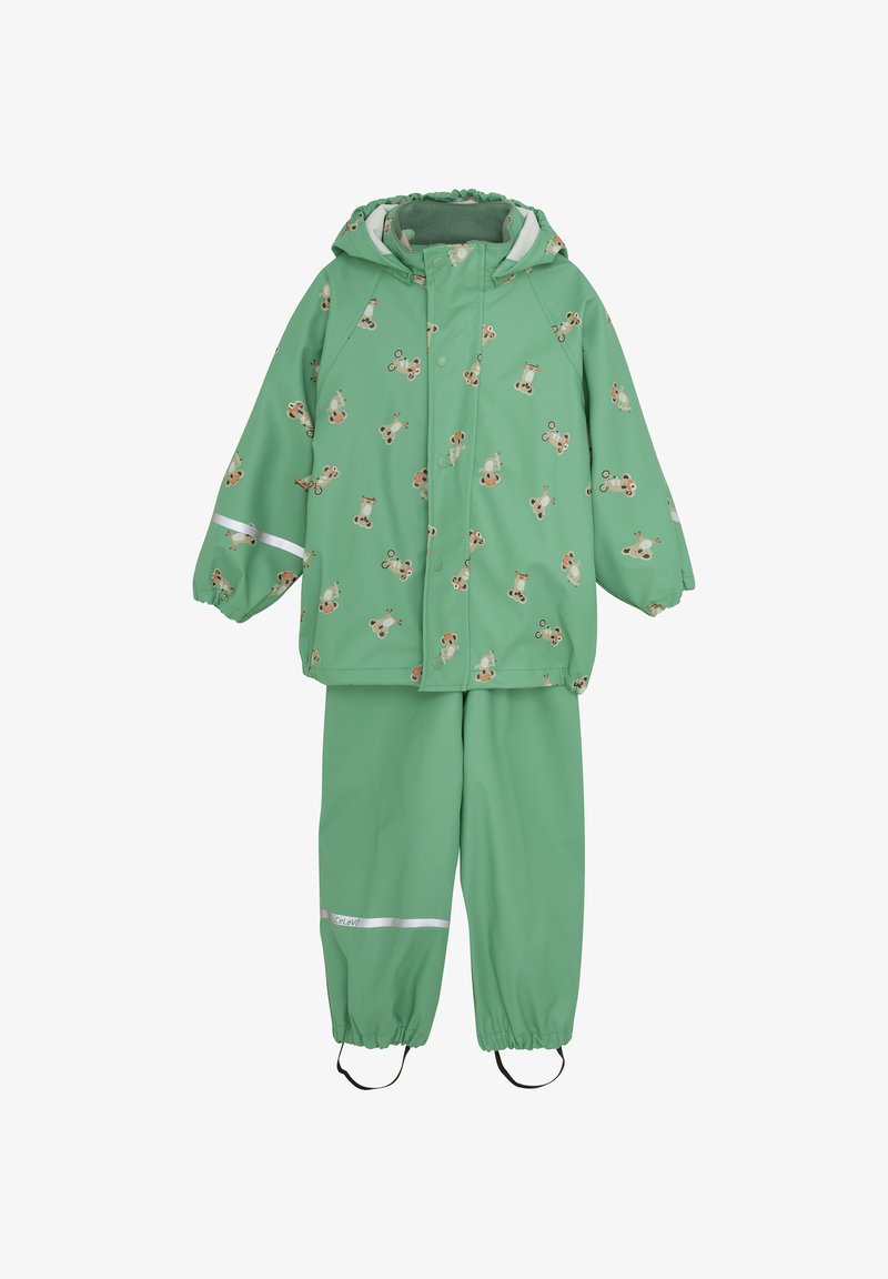 Groene regenjas en broek set met een speels dierenpatroon, voorzien van reflecterende strepen en een capuchon, gemaakt van waterdicht materiaal.