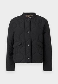Veste matelassée noire avec col rond, fermeture à boutons sur le devant, deux poches à rabat et un motif ondulé subtil sur le tissu.