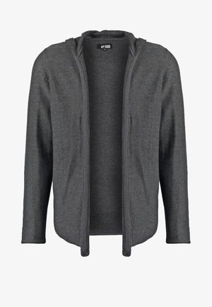Donkergrijze hoodie met lange mouwen, open voorkant zonder zichtbare sluitingen en een zachte, gestructureerde stof.