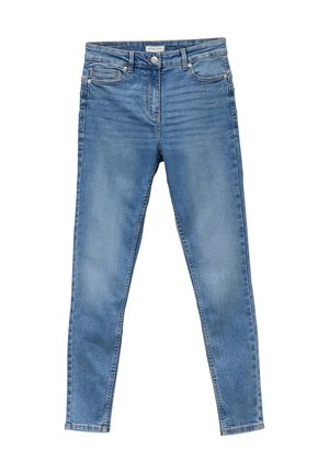 Blauwe high-waist skinny jeans met knopen- en ritssluiting, voor- en achterzakken, en lichte vervaging op de dijen.
