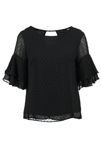 Blusa nera con maniche corte trasparenti a volant, texture a pois, scollatura rotonda e dettaglio a chiave sul retro.