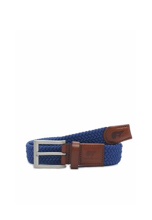 Niebieski pasek z tkaniny z srebnym metalowym klamrą i brązowymi skórzanymi akcentami z wytłoczonymi detalami logo.