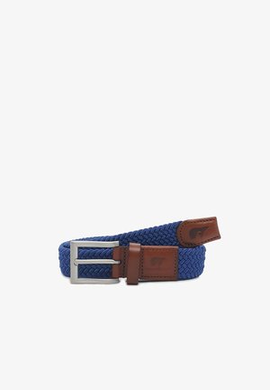 Ceinture en tissu bleu tissé avec boucle en métal argenté et accents en cuir marron, ornée de détails de logo embossés.