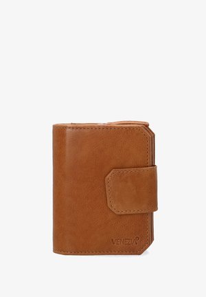 Braune Lederbrieftasche mit strukturierter Oberfläche, rechteckiger Form und Druckknopfverschluss. Verfügt über genähte Kanten und ein Logo auf der Vorderseite.