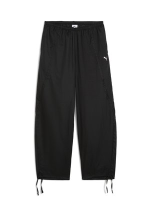 Black athletic pants made of lightweight fabric with an elastic waistband, drawstring hems, and side seams. Features a small white logo.