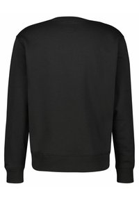 Crni dukserica s okruglim izrezom izrađena od mekanog materijala, sa dugim rukavima, rebrastim manžetama i jednostavnim stražnjim dizajnom bez vidljivih logotipa ili uzoraka.