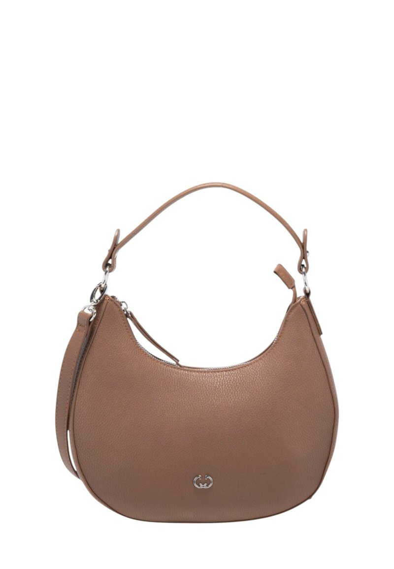 Borsa a spalla in pelle marrone con forma curva, superficie testurizzata e accenti in metallo argentato. Presenta una chiusura zip superiore e tracolla regolabile.