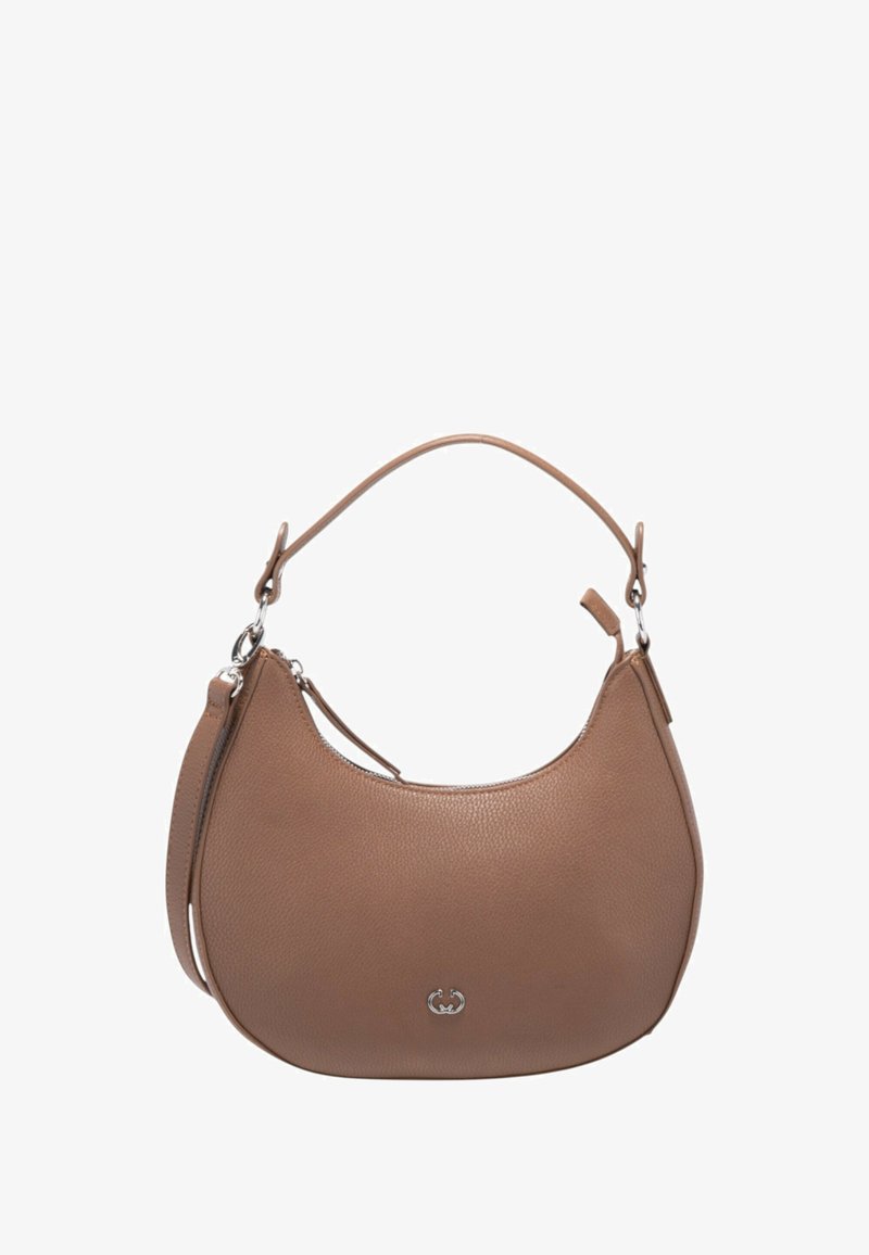 Brown leather shoulder bag with a curved shape, textured surface, and silver hardware accents. Features a top zipper and adjustable strap.