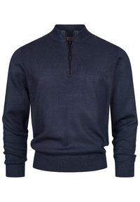 Dunkelblauer Pullover mit halbem Reißverschlusskragen, gerippten Bündchen und Saum. Hergestellt aus gestricktem Stoff, mit glatter Textur und einfachem Design.