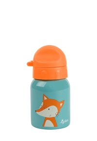 Stainless steel water bottle with an orange twist cap. Design features a cartoon fox on a turquoise background. Smooth surface.