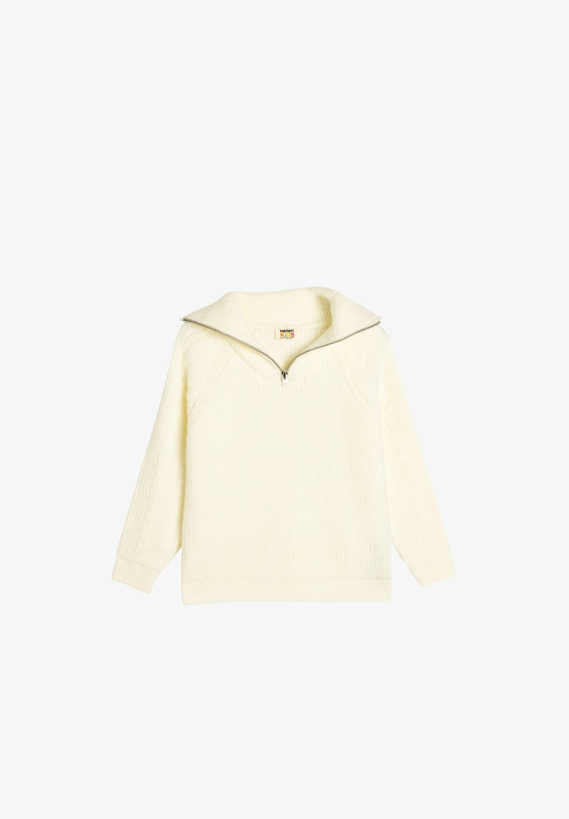 Krämfärgad stickad tröja med halvcirkelsdragkedja, bred krage och ribbade ärmslut, med ett strukturerat mönster över hela.