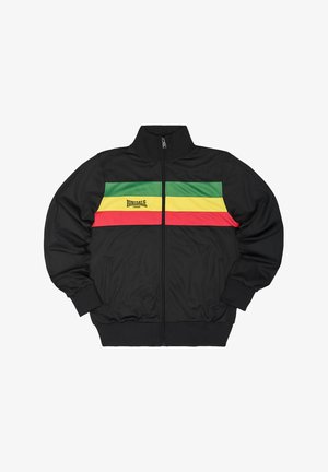 Veste noire zippée avec des bandes horizontales vertes, jaunes et rouges traversant la poitrine et le logo "Lonsdale London" sur le côté gauche.