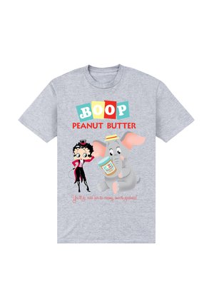 Camiseta gris de manga corta con personajes de dibujos animados: una mujer y un elefante, con el texto "BOOP PEANUT BUTTER" y acentos coloridos.