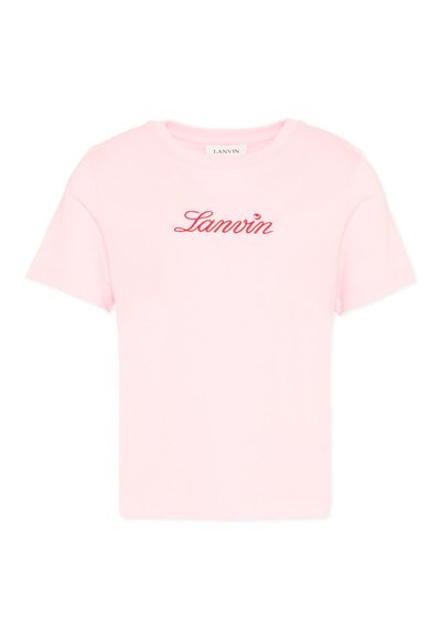 Light pink short-sleeve T-shirt with red "Lanvin" script logo embroidered on the chest and a round neckline.